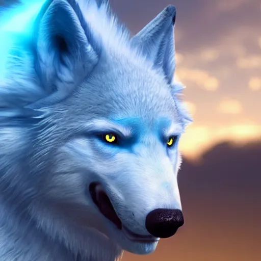 Image similar to a giant blue wolf with a white main and two unicorn horns, a white star shape on his forehead, yellow eyes, beautiful, ultra realistic, great wolf, unreal engine 5, dynamic lighting, highly detailed, lightning around