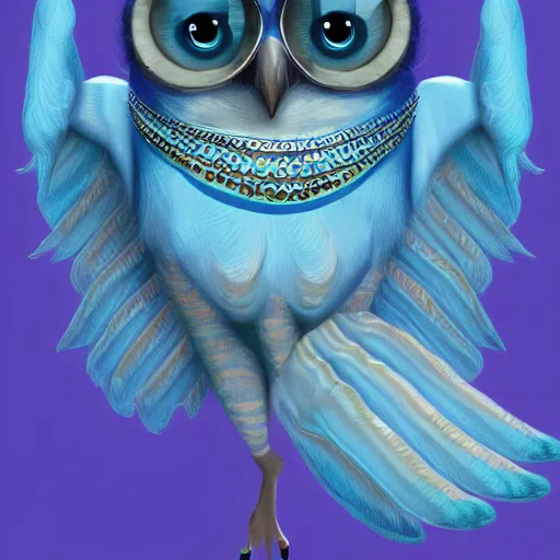 Image similar to an anthromorphised owl, wearing a blue suit, digital art, 4 k