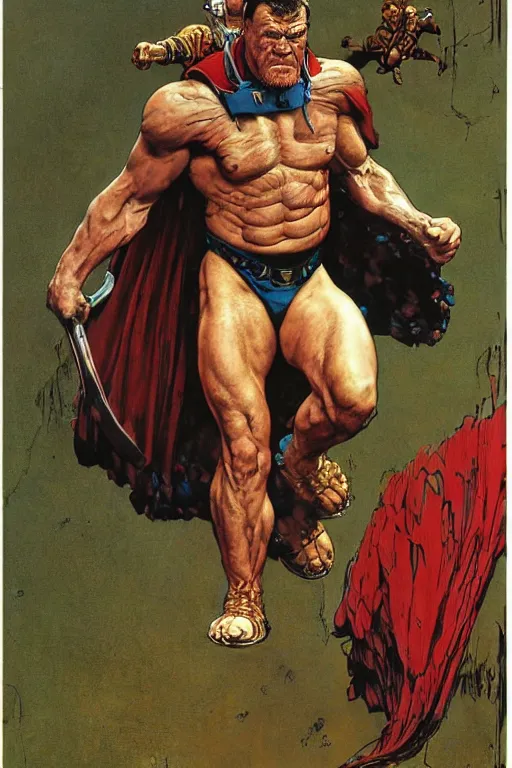 Image similar to full body portrait of jocko willink as huge warrior wearing a pants and a cape in the style of marvel's jack kirby, dynamic action, by lawrence alma tadema and zdzislaw beksinski and norman rockwell and tom lovell and greg staples and john william waterhouse