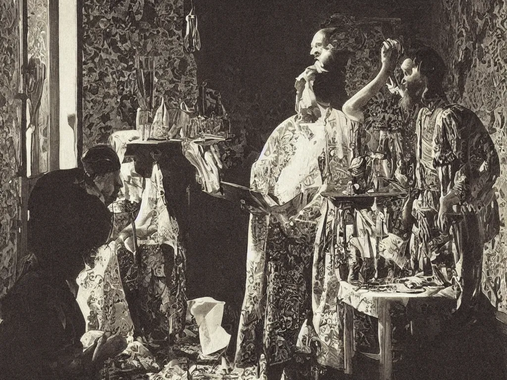 Prompt: someone doing something with a nondescript object in a nonspecified interior. Golden light, painting by Georges de la Tour, Ernst Haeckel