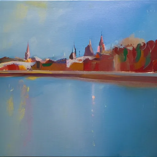 Image similar to very abstract painting of the rhine in basel, very rough brush strokes and splatters, oil on canvas, muted colors, great composition