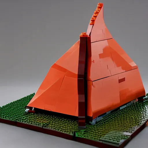 Prompt: lego sculpture of a tent and a huge salmon, thoughtful, elegant, real