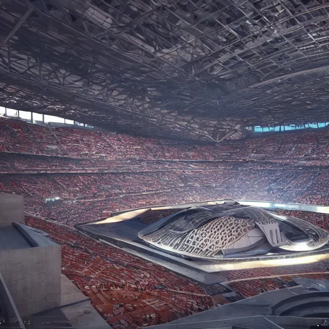 Image similar to a futuristic stadium with a giant artstation mecha, stadium has a full crowd, unreal engine, hyper realism, realistic shading, cinematic composition, realistic render, octane render, detailed textures, photorealistic, wide shot