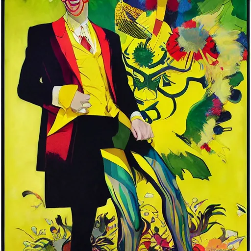 Image similar to art by joshua middleton, the yellow creeper, a tall manically smiling yellow - skinned man with green and black striped cycling shorts and wearing a long red feather boa, yellow makeup, mucha, kandinsky, poster, comic art, stylised design