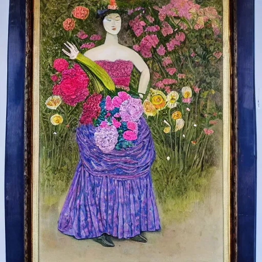 Prompt: painting of a woman wearing a dress made up of flowers.