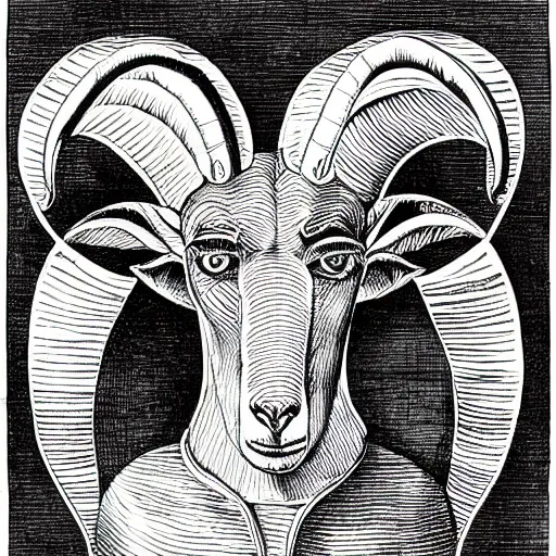 Image similar to goat - headed devil, looking at the camera, holding a human head, whose eyes are still wide. symmetrical anatomy, very detailed design, complexity of the picture, with pop punk style, colorful, accompanied by body, pure image without duplication, trending dribble, drawn by vinicius gud and gustavo zambelli