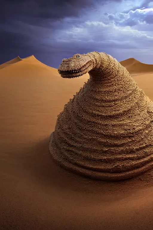 Image similar to hyperrealistic close - up sand worm monster! in dunes highly detailed concept art eric zener elson peter cinematic hard yellow lighting high angle hd 8 k sharp shallow depth of field, inspired by david paul cronenberg and zdzisław beksinski