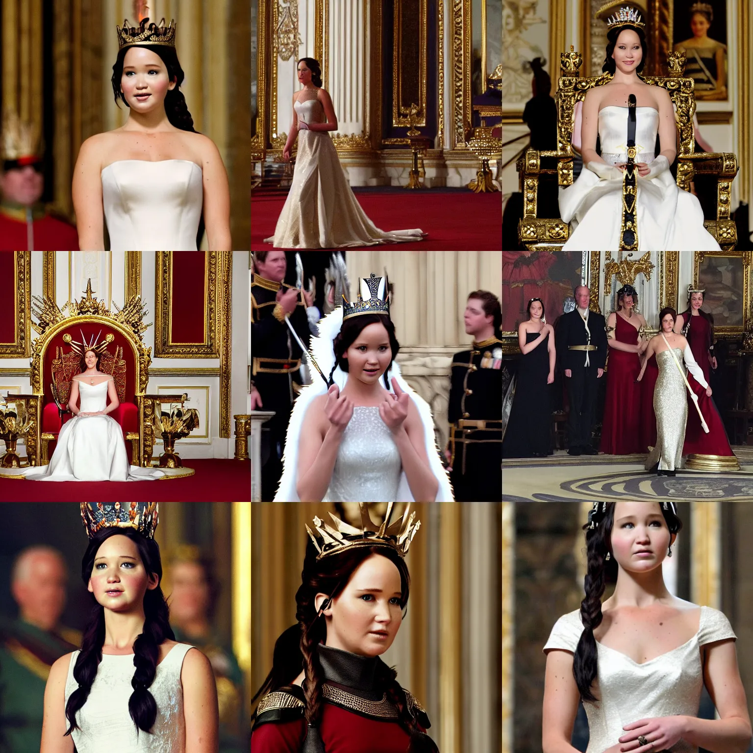 Prompt: Katniss Everdeen wearing a crown, becoming Queen, at a coronation inside Buckingham Palace