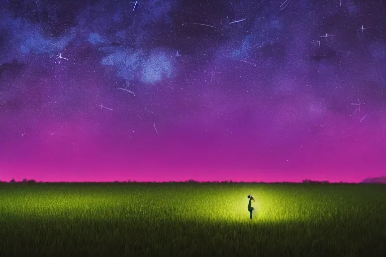 Image similar to many lights in a field, a large group of people standing in front of a sky filled with stars, a matte painting by beeple, unsplash, space art, 3 8 4 0 x 2 1 6 0, glowing lights, like fireflies, octane render