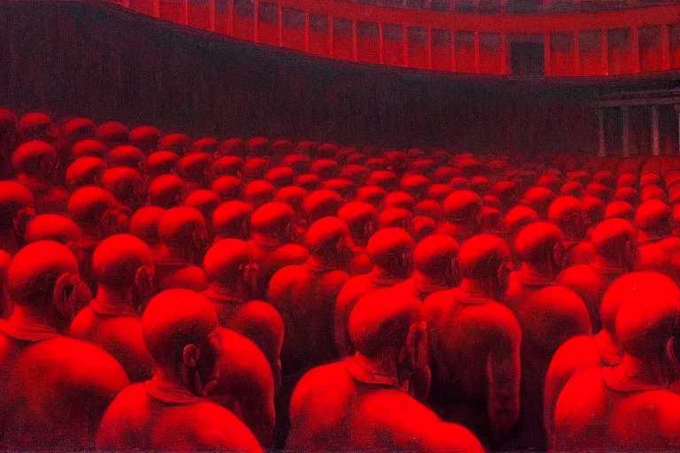 Image similar to only with red, crowd screaming, an exposed painting in a roman theater, in the style of beksinski, parts by edward hopper, parts by rodcenko, parts by yue minjun, intricate and epic composition, red by caravaggio, insanely quality, highly detailed, masterpiece, red light, artstation, 4 k