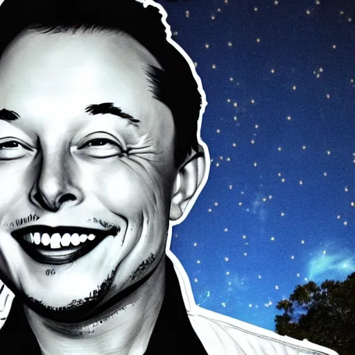 Image similar to photograph at night of elon musk smiling creepily through your bedrooms window, midnight, bedroom, dark outside, night sky, horror art,