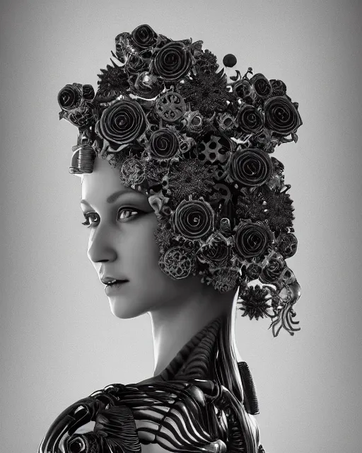 Image similar to mythical dreamy black and white organic bio-mechanical spinal ribbed profile face portrait detail of translucent steampunk beautiful female angelic-human-queen-vegetal-cyborg, highly detailed, intricate trnaslucent ivy jelly ornate, poetic, translucent roses ornate, 3D render, digital art, octane render, 8K artistic photography, photo-realistic, by Dora Maar