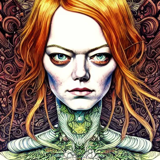 Image similar to portrait of emma stone painted in jacek yerka style drawn by vania zouravliov and takato yamamoto, inspired by fantasy stories, intricate acrylic gouache painting, high detail, sharp high detail, artstation