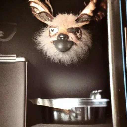 Image similar to strange creepy fuzzy creature found in the cabinet under a sink, dark photograph