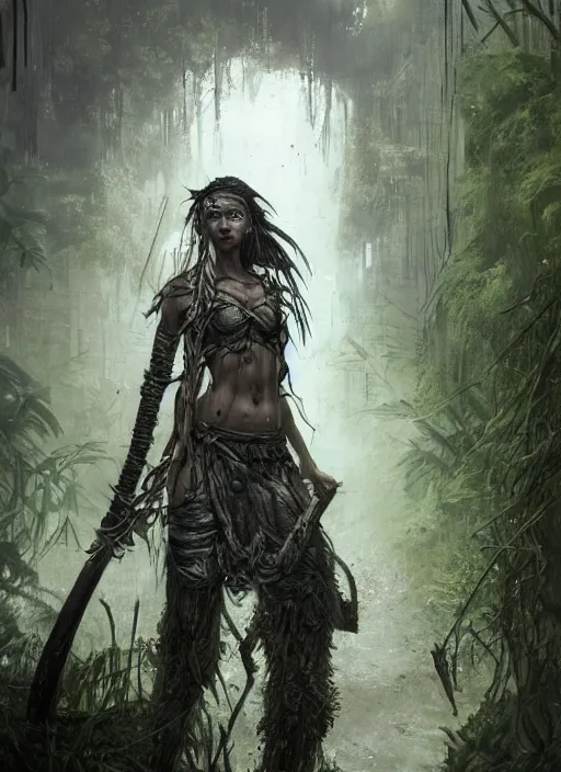 Prompt: young beautiful tribal woman with a sword, in a post apocalyptic city overgrown with lush vegetation, by Luis Royo, by Greg Rutkowski, dark, gritty, intricate, volumetric lighting, volumetric atmosphere, concept art, cover illustration, octane render, trending on artstation, 8k