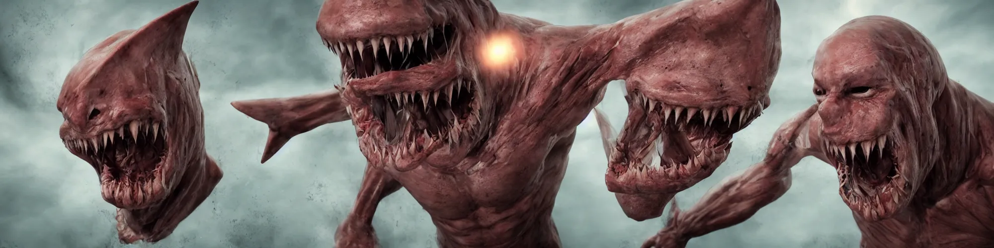 Image similar to A human with shark head made of muscles and flesh, very angry, teeth, ambient light, terror, glows, realistic, photo-realism, hyper realism, picture, detailed, 3D render, scary, distant shot, in the distance,