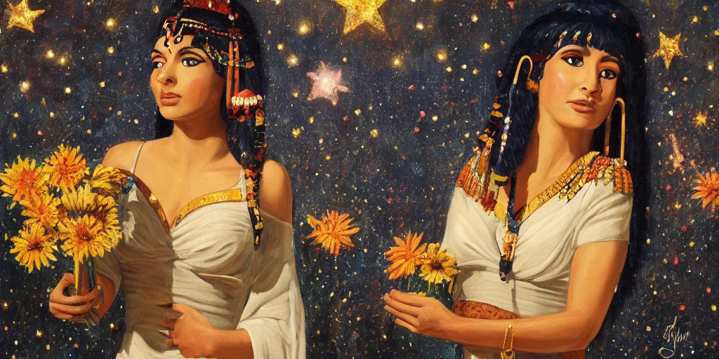 Prompt: a painting of cleopatra holding flowers. star lit sky, ultra realistic.