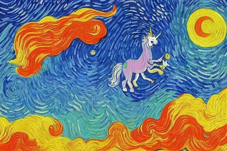 Image similar to rainbow unicorn flying in space by van gogh