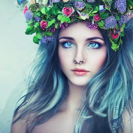 Image similar to incredibly beautiful portrait of A girl who looks like a priestess of love. With a gorgeous wreath of flowers on her head and blue eyes. White hair. Tattoo