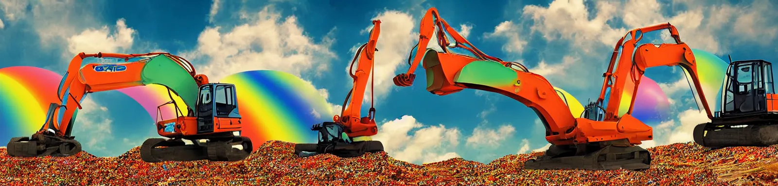 Image similar to Fluffy ballon-like excavators, colourful, rainbow colours, 1080px, advanced digital art