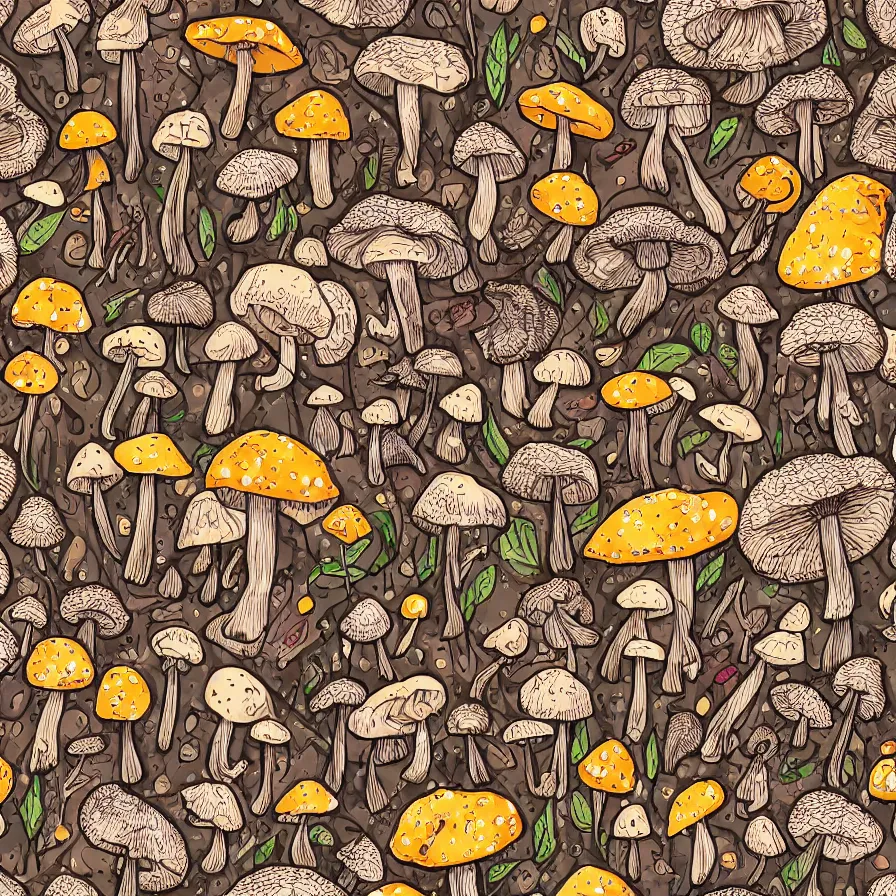 Image similar to macro photo with a mushroom characters and mycelium, natural colors and natural surroundings, painted patterns and coloring on mushrooms, seamless fabric pattern 8K, highly detailed.