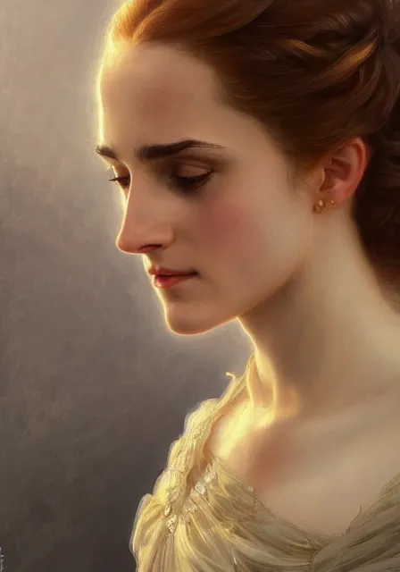 Image similar to sansa emma watson, intricate, elegant, highly detailed, digital painting, artstation, concept art, smooth, sharp focus, illustration, art by artgerm and greg rutkowski and alphonse mucha and william - adolphe bouguereau