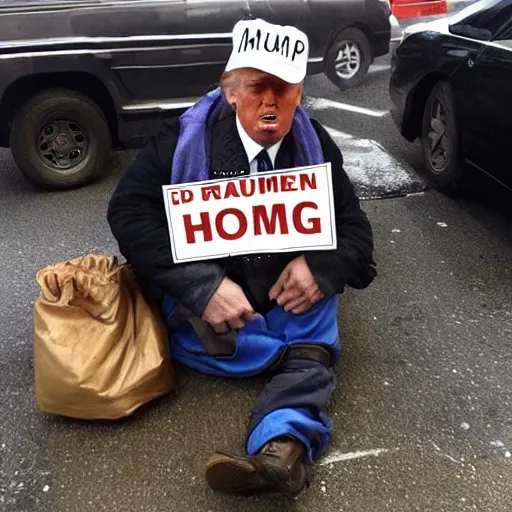 Image similar to donald trump dressed as a homeless man living in the slums