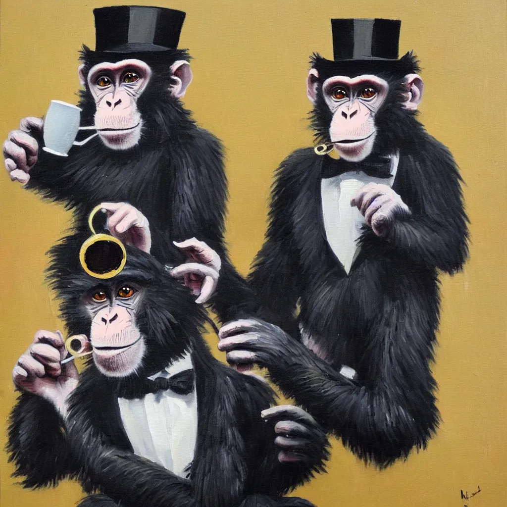 Image similar to a monkey wearing a monocle and a top hat drinking tea, brush strokes, oil painting, masterpiece