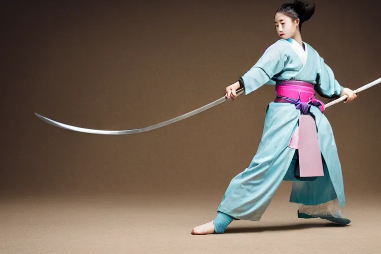 Prompt: beautiful photo of a young female samurai, practising sword stances, symmetrical face, beautiful eyes, huge oversized anime sword, award winning photo, muted pastels, action photography, 1 / 1 2 5 shutter speed, dramatic lighting