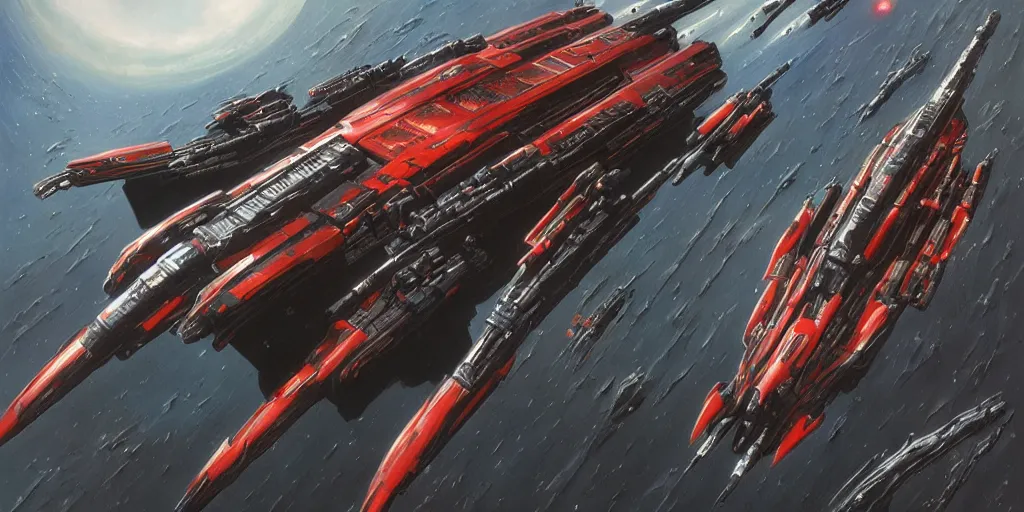 Prompt: a massive fleet of spaceships in space, red and black, futuristic design, railguns and laser weapons, art by h. r. giger, vincent di fate, chris foss, digital art, beautiful and detailed painting, 8 k, high quality, trending on artstation and deviantart