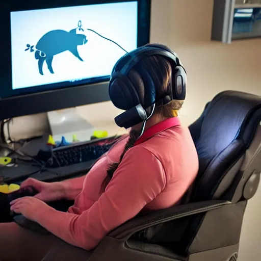 Prompt: a pig playing computer games, wearing a gaming headset, sitting in a gaming chair