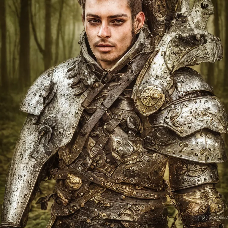 Prompt: portrait photo of an armoured male warrior, in a forest, medieval style, highly detailed, digital painting, smooth, sharp focus, 8 k. lifelike. soft light. nikon d 8 5 0