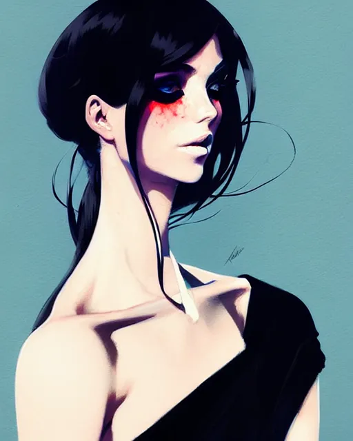 Image similar to a ultradetailed beautiful portrait panting of a stylish woman in a black dress, by conrad roset, greg rutkowski and makoto shinkai trending on artstation