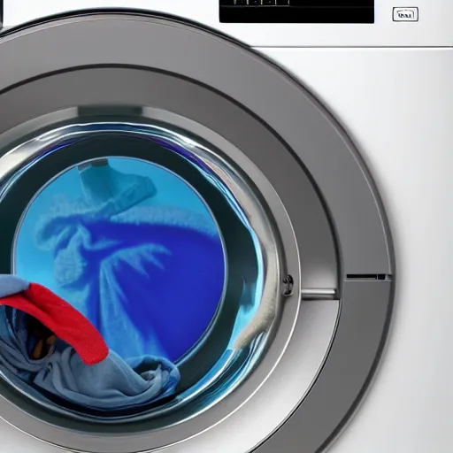 Prompt: photograph of circular door of washing machine washing colorful clothes and a toy astronaut. 8k resolution. hyperrealistic.