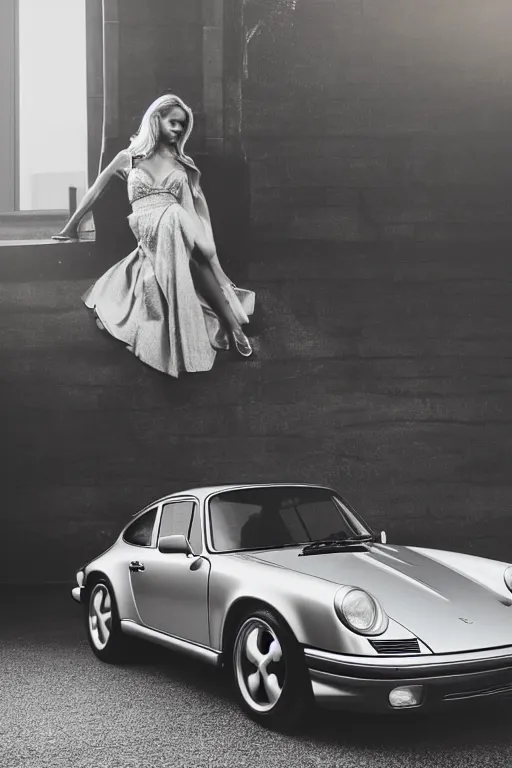 Image similar to Photo of a beautiful model leaning on a silver Porsche 911 Carrera 3.2, daylight, dramatic lighting, award winning, highly detailed, fine art photography