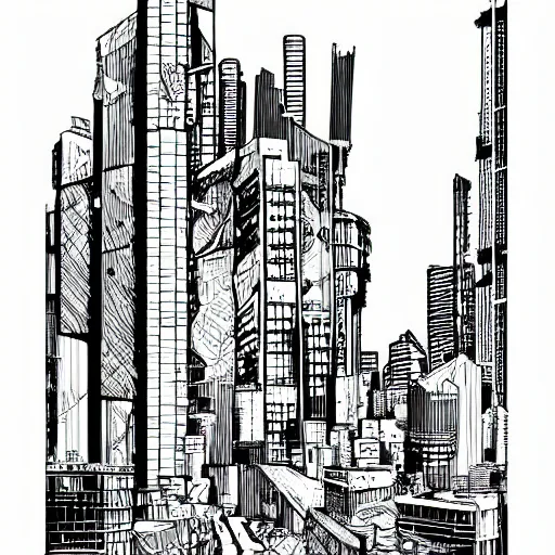 Prompt: decrepit brutalist cityscape vector line art in the style of “ geoff darrow ” black and white 1 6 : 1