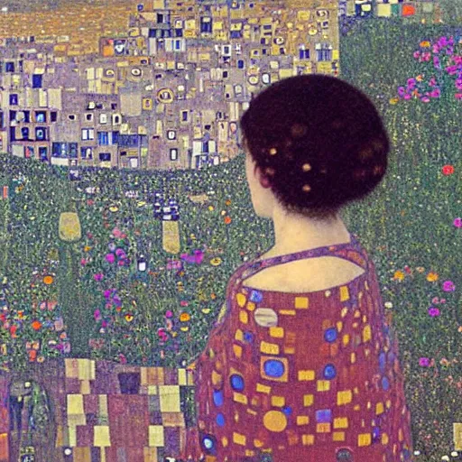 Prompt: woman looking out of a porthole window in a gigantic detailed ufo flying over a town painting by gustav klimt
