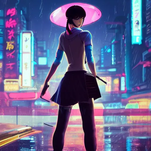 Image similar to Beautiful female samurai, with straw hat, cyberpunk 2077, city background, rainy night, neon glow concept art, sharp focus, intricate, digital painting, artstation, official media, anime key visual, highly detailed, rich vivid colors ambient lighting, illustration, art by Artgerm, Makoto Shinkai, Ilya Kuvshinov, Lois Van Baarle and Rossdraws