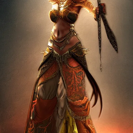 Prompt: digital art of a beautiful warrior princess. Full length, detailed, artststion