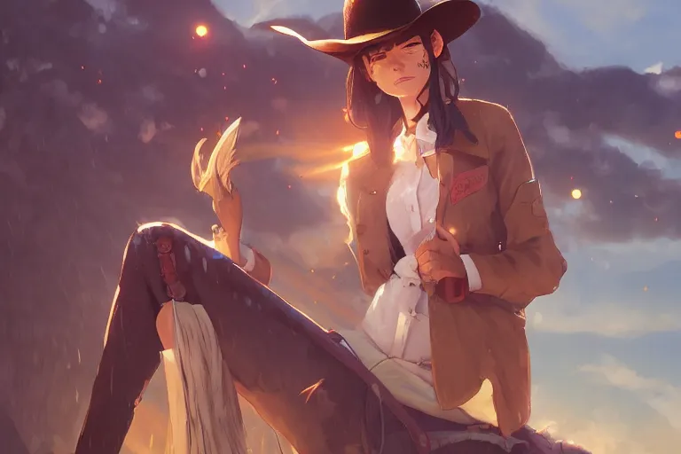 Prompt: single subject digital art of a western cowgirl western girlfriend, scenic full shot, ambient lighting, detailed face, by makoto shinkai, stanley artgerm lau, wlop, rossdraws