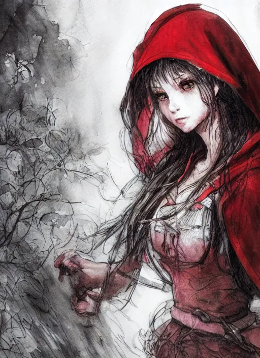 Image similar to portrait, beautiful Little red riding hood at a rave concert, watercolor, dramatic lighting, cinematic, establishing shot, extremly high detail, foto realistic, cinematic lighting, pen and ink, intricate line drawings, by Yoshitaka Amano, Ruan Jia, Kentaro Miura, Artgerm, post processed, concept art, artstation, matte painting, style by eddie mendoza, raphael lacoste, alex ross