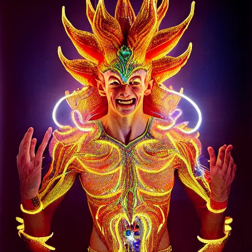 Image similar to uhd photorealisitc candid photo of a cosmic gogeta powering up. intricate details. ornate costume. glowing, powering up. hyperdetailed, accurate, studio lighting. correct face. photo by annie leibowitz and steve mccurry