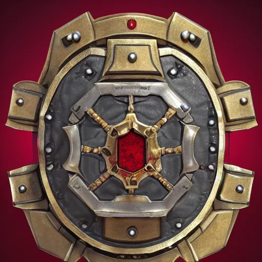 Prompt: a steampunk shield forged from gold and silver with red painted elements, 4 k, extremely detailed, video game concept art