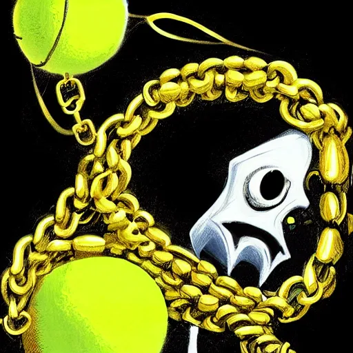 Image similar to a tennis ball monster , hip hop style, multiple gold chain necklace, digital art, fantasy, magic, trending on artstation, ultra detailed, professional illustration by Basil Gogos