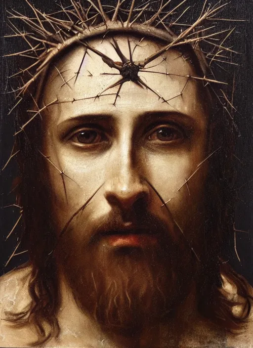 Prompt: portrait of jesus christ wearing a crown of thorns, by nicola samori, painting, 8 k, high detail