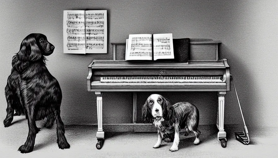 Prompt: sprocker Spaniel , sat down playing a piano.modern. Martini on the side, detailed illustration. Artwork. B&W