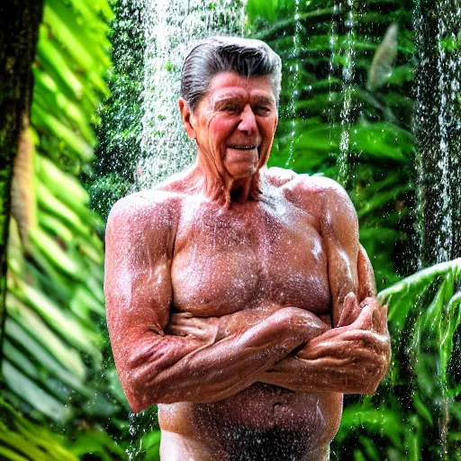 Prompt: 4 k hdr full body wide angle portrait of ronald reagan showering in a tropical bali jungle shower with moody overcast stormy lighting