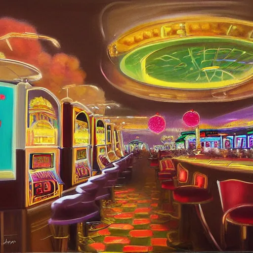 Prompt: Painting of a casino, machines cocktail music, chill mist by ruiz jacques