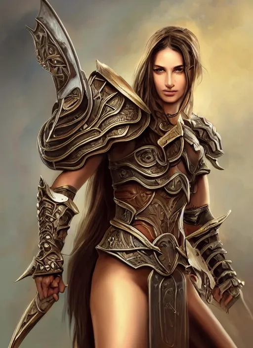 Image similar to a professionally painting of an attractive young girl, partially clothed in battle armor, olive skin, long dark hair, beautiful bone structure, perfectly proportioned, nubile body, symmetrical facial features, intricate, elegant, heroic pose, digital painting, concept art, smooth, sharp focus, finely detailed, beautifully framed, from the game Diablo, in the style of Artgerm and Greg Rutkowski and William-Adolphe Bouguerea