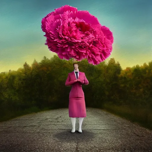 Image similar to giant carnation flower head, girl in a suit, on a path, surreal photography, sunrise, dramatic light, impressionist painting, digital painting, artstation, simon stalenhag